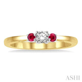 2.15 MM Round Shape Ruby and 1/6 ctw Past, Present and Future Round Cut Diamond Precious Ring in 14K Yellow and White Gold